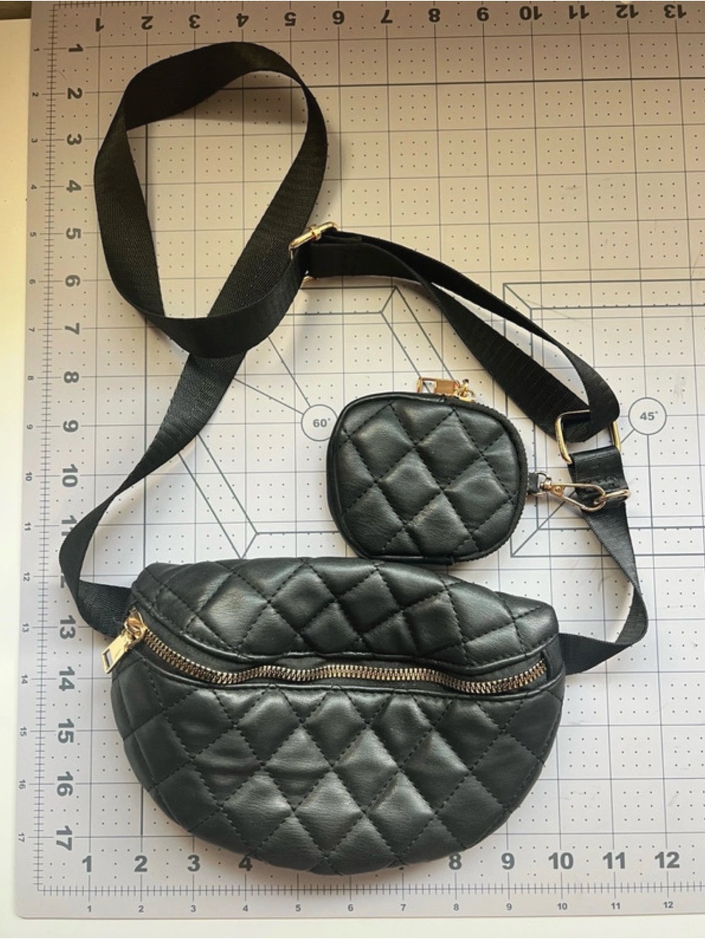 Quilted Black Crossbody Belt Bag with Coin Pouch